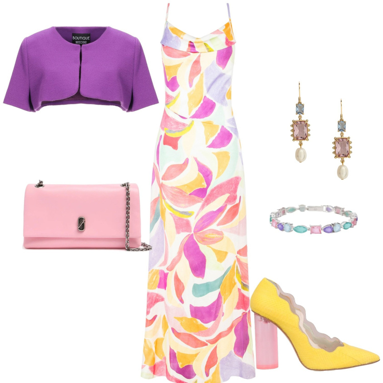 Outfit donna - Cerimonia di maggio. Stile Bon Ton per Cerimonia. Abbinamento con décolleté, blazer, vestiti lunghi, braccialetti, orecchini, pochette.