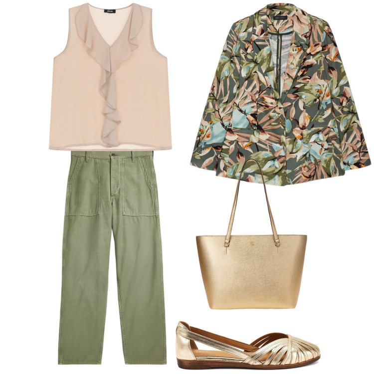Outfit donna - Uno stile giungla. Stile Casual chic per Tutti i giorni. Abbinamento con top, pantaloni, borse tote, blazer, ballerine.
