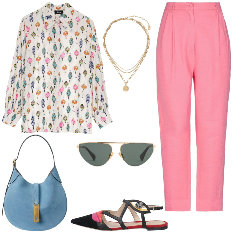 Outfit donna - Ricercata. Stile Glamour per Tutti i giorni. Abbinamento con pantaloni, ballerine, camicie, ciondoli, borse a spalla, occhiali da sole.