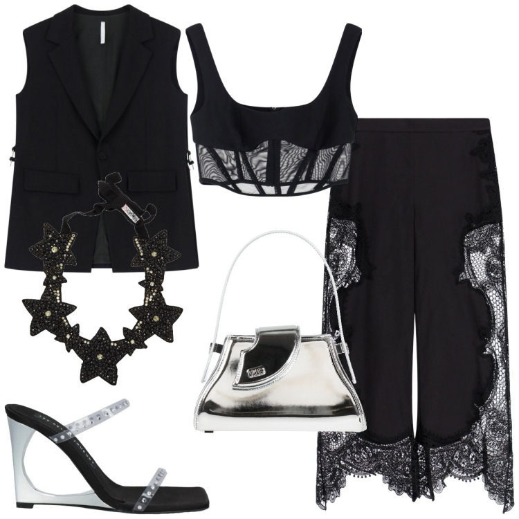 Outfit donna - Nero e argento. Stile Glamour per Serata fuori. Abbinamento con collane, sandali col tacco, borse a mano, gilet, top, pantaloni a palazzo.