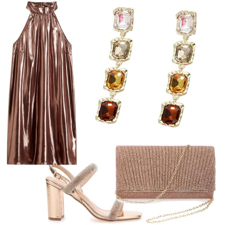 Outfit donna - Serata glamour. Stile Glamour per Serata fuori. Abbinamento con vestiti corti, orecchini, sandali col tacco, pochette.