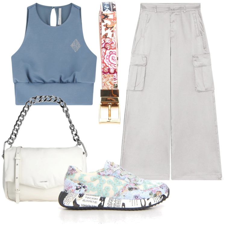 Outfit donna - Sporty chic. Stile Sporty chic per Scuola/Università. Abbinamento con borse a spalla, top, pantaloni cargo, sneakers, cinture.