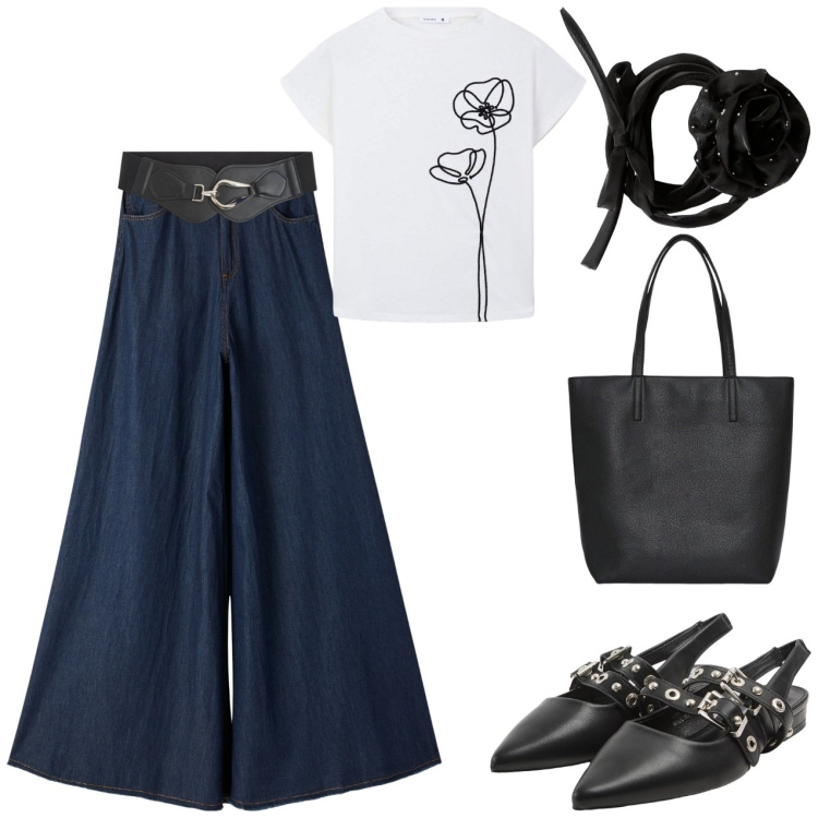 Outfit donna - Pranzo con le amiche. Stile Glamour per Tutti i giorni. Abbinamento con collane, borse tote, jeans, sabot, cinture, t-shirt.