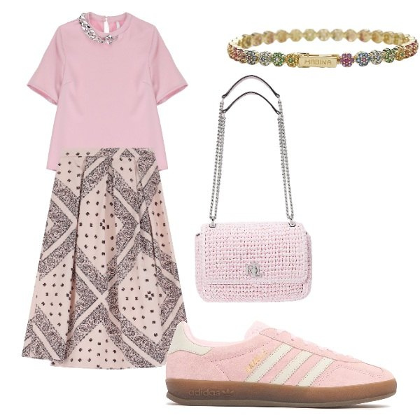 Outfit donna - Timidamente. Stile Minimal per Tutti i giorni. Abbinamento con braccialetti, t-shirt, gonne longuette, borse a spalla, sneakers.