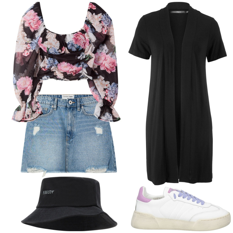 Outfit donna - Total look #2129554. Stile Trendy per Tutti i giorni. Abbinamento con cardigans, sneakers, minigonne, bluse, cappelli.