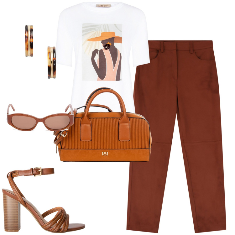 Outfit donna - Total look #2129557. Stile Urban per Tutti i giorni. Abbinamento con borse a mano, t-shirt, pantaloni chino, orecchini, occhiali da sole, sandali col tacco.