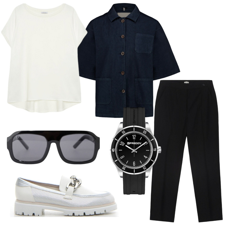 Outfit donna - Mannish con blusa. Stile Mannish per Ufficio. Abbinamento con occhiali da sole, orologi, mocassini, blazer, pantaloni, bluse.
