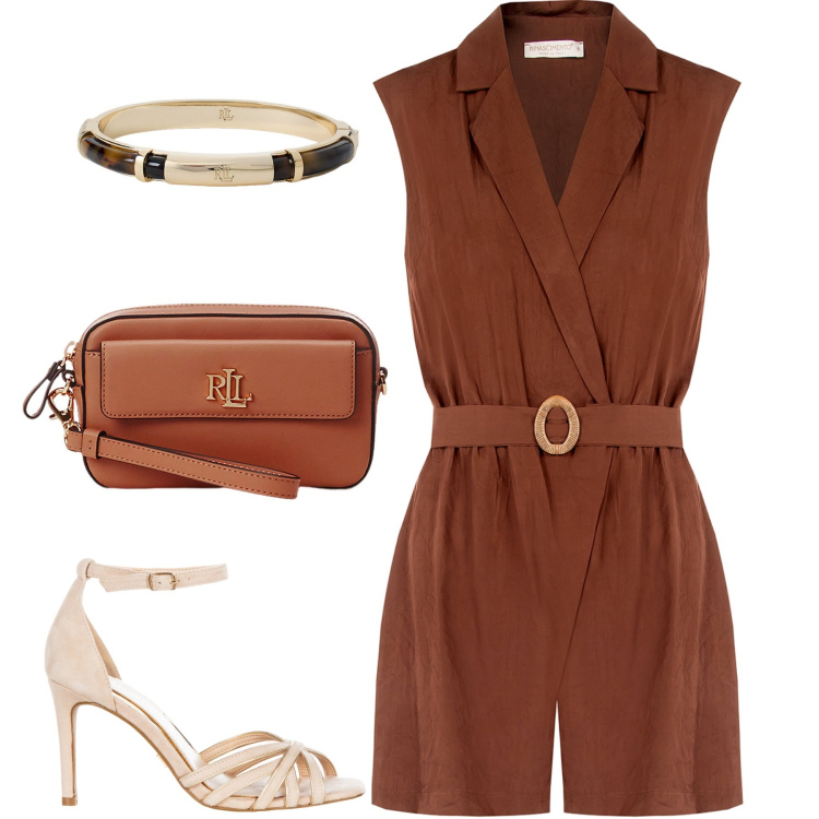 Outfit donna - La tutina Rinascimento. Stile Trendy per Tutti i giorni. Abbinamento con tuta corta, sandali col tacco, pochette, braccialetti.