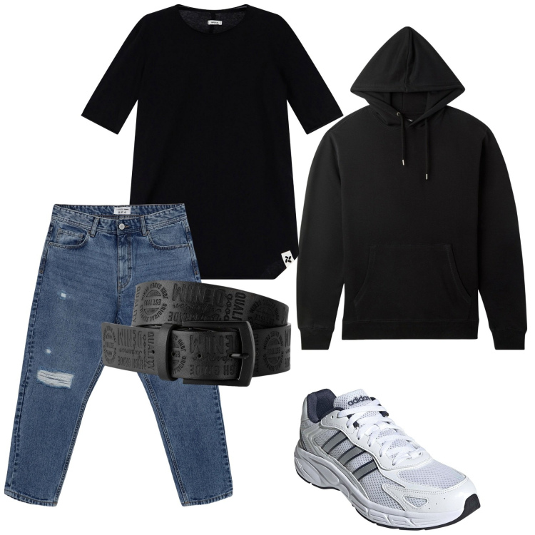 Outfit uomo - Total look #2129561. Stile Urban per Tutti i giorni. Abbinamento con cinture, jeans strappati, felpe con cappuccio, t-shirt, sneakers.