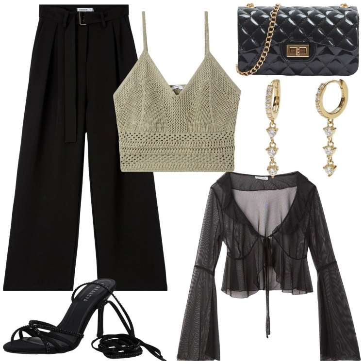 Outfit donna - Serata speciale. Stile Glamour per Serata fuori. Abbinamento con bolero, borse a tracolla, pantaloni, top, sandali alla schiava, orecchini.