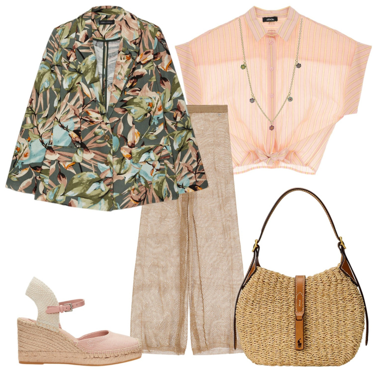 Outfit donna - Un pomeriggio di primavera. Stile Casual per Tutti i giorni. Abbinamento con ciondoli, pantaloni, camicie a manica corta, borse a spalla, espadrillas, blazer.
