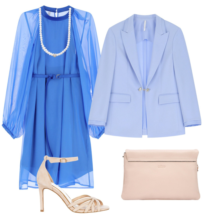 Outfit donna - Comunione. Stile Chic per Cerimonia. Abbinamento con collane, sandali col tacco, blazer, vestiti corti, borse a tracolla.