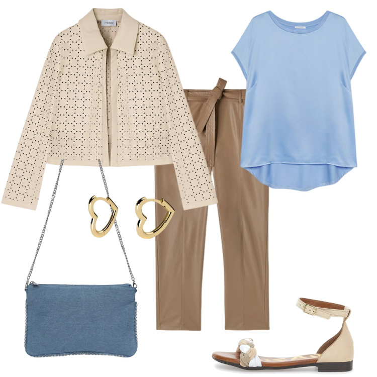 Outfit donna - Giacca, pantalone combinati. Stile Casual per Serata fuori. Abbinamento con borse a tracolla, orecchini, sandali, blazer, pantaloni, bluse.