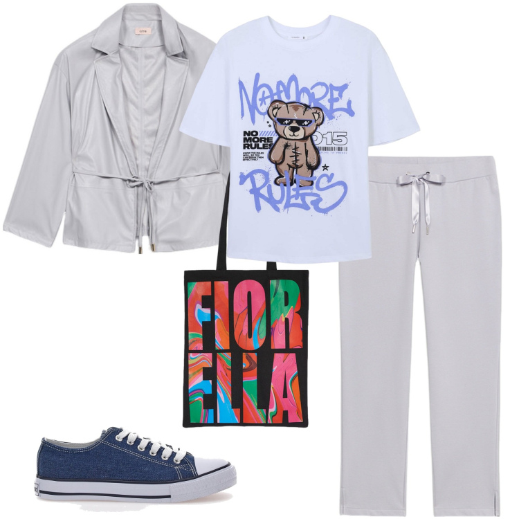 Outfit donna - Grigio perla combinati. Stile Basic per Tutti i giorni. Abbinamento con t-shirt, borse tote, sneakers, blazer, pantaloni.