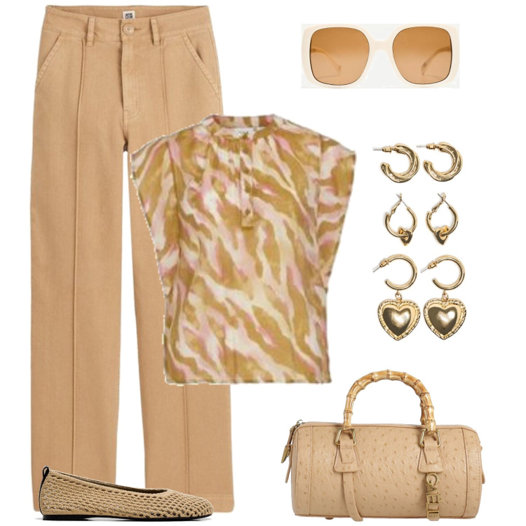 Outfit mujer - De diario. Estilo Casual para Todos los días. Combinación con top, pantalones, bailarinas, pendientes, bolsos de mano, gafas de sol.