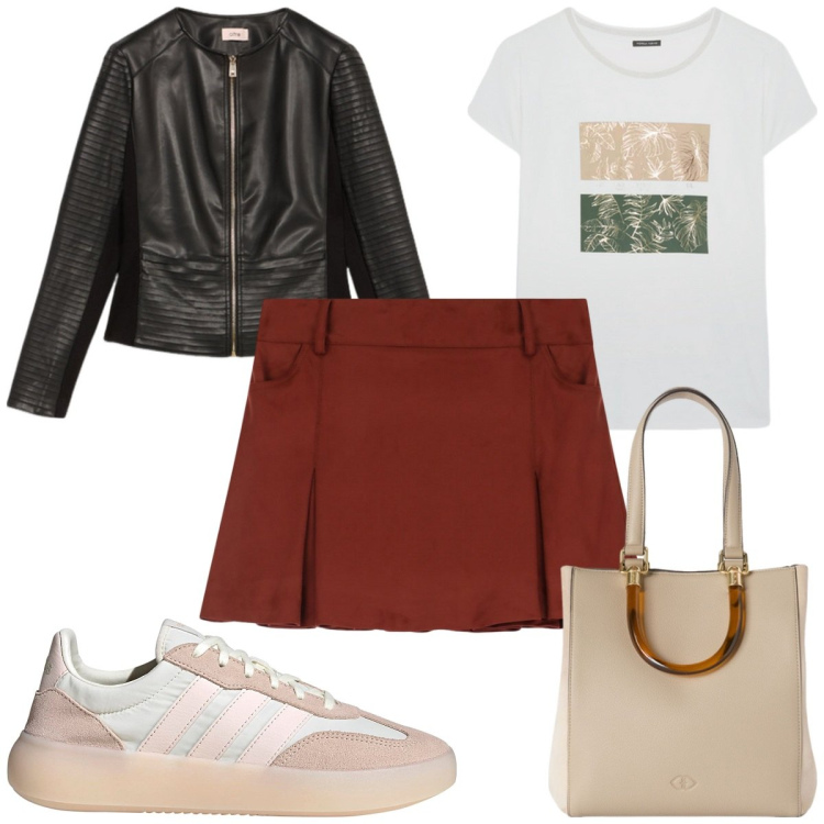 Outfit donna - Total look #2129609. Stile Trendy per Tutti i giorni. Abbinamento con minigonne, giacche, shopping bag, t-shirt, sneakers.
