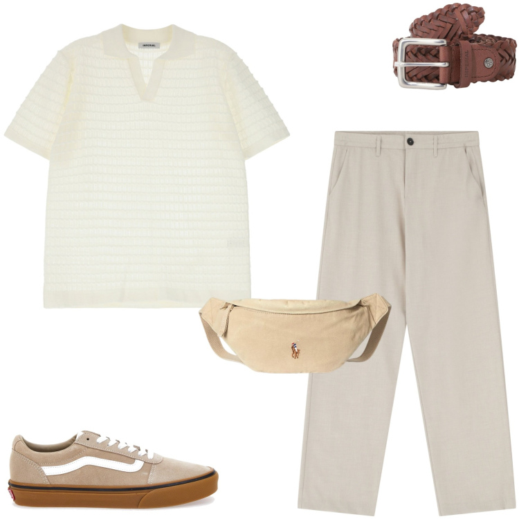 Outfit uomo - Gita fuori porta. Stile Casual per Tutti i giorni. Abbinamento con pantaloni, cinture, polo, borse sportive, sneakers.