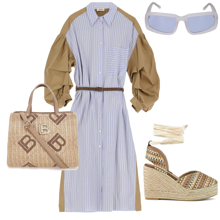 Outfit donna - In città. Stile Casual chic per Tutti i giorni. Abbinamento con vestiti midi/longuette, zeppe, borse a tracolla, occhiali da sole.