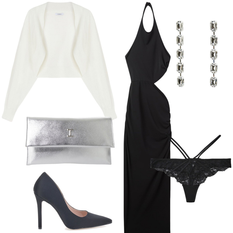 Outfit donna - Sexy serata fuori. Stile Sexy per Serata fuori. Abbinamento con orecchini, vestiti lunghi, perizomi, pochette, décolleté, blazer.