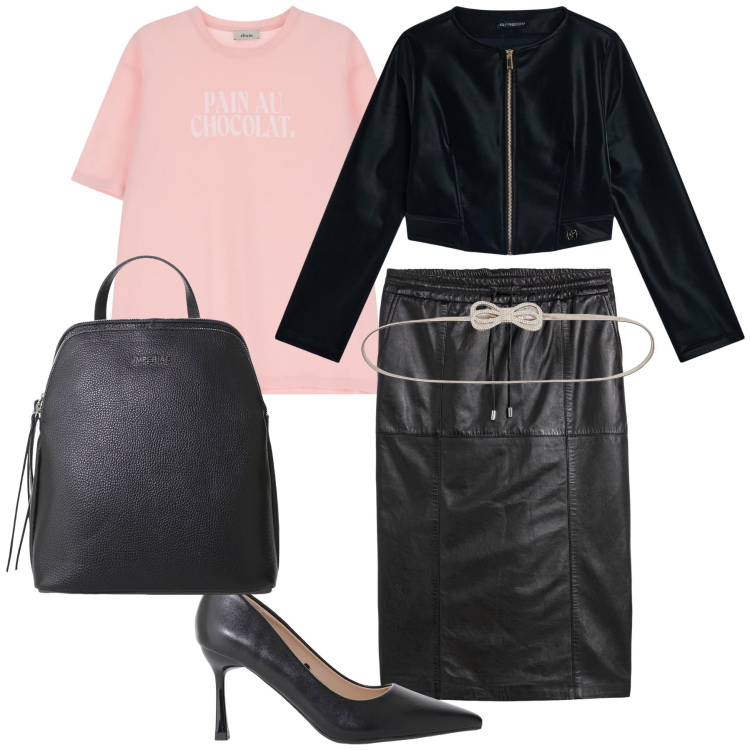 Outfit donna - Daily bon ton. Stile Urban per Tutti i giorni. Abbinamento con gonne longuette, cinture, décolleté, zaini, blazer, t-shirt.