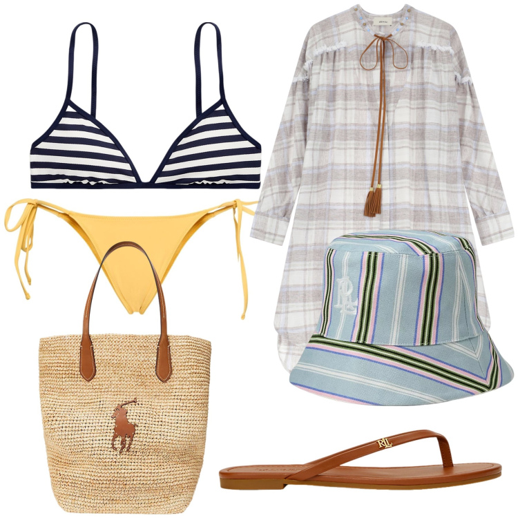 Outfit donna - Mare mix and match. Stile Trendy per Mare. Abbinamento con vestiti, borse tote, ciabatte, bikini, cappelli, bikini.