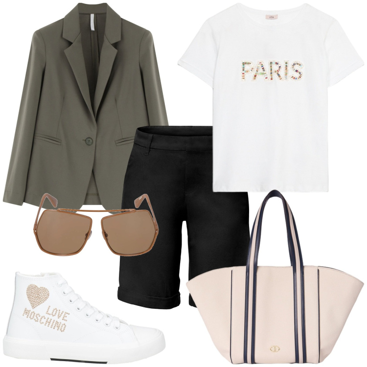 Outfit donna - In gita con amici. Stile Trendy per Tutti i giorni. Abbinamento con bermuda, sneakers alte, blazer, shopping bag, t-shirt, occhiali da sole.