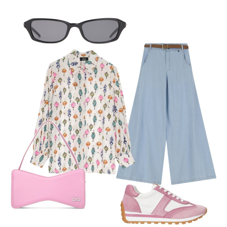 Outfit donna - Una piccola e originale bag. Stile Sporty chic per Ufficio. Abbinamento con pantaloni a palazzo, camicie, sneakers, borse a mano, occhiali da sole.