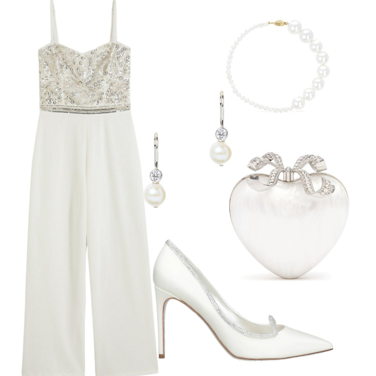 Outfit donna - Il cambio abito della sposa. Stile Romantica per Cerimonia. Abbinamento con tute, décolleté, orecchini, pochette, collane.