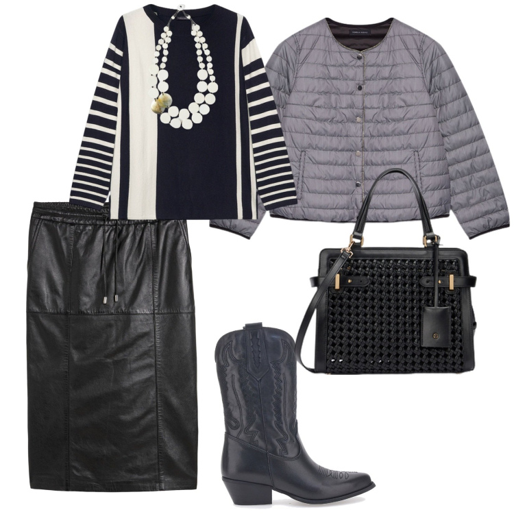 Outfit donna - Vado dove fa freddo. per Tutti i giorni. Abbinamento con gonne longuette, piumini, maglieria, stivaletti texani, ciondoli, borse a mano.