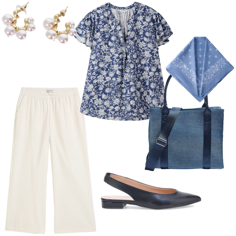 Outfit donna - Lunedì blù. per Tutti i giorni. Abbinamento con pantaloni a palazzo, bluse, shopping bag, orecchini, ballerine, foulard.