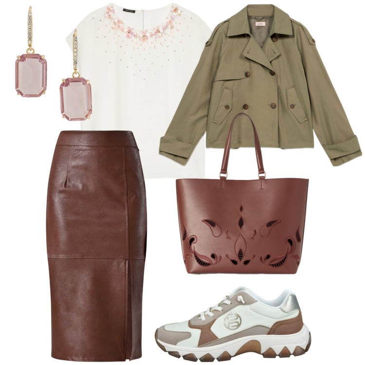 Outfit donna - Comoda in sneakers. per Ufficio. Abbinamento con gonne longuette, orecchini, sneakers, bluse, trench, shopping bag.