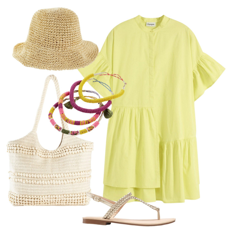 Outfit donna - A spasso in giallo lime. Stile Boho per Tutti i giorni. Abbinamento con ciabatte, cappelli, vestiti, shopping bag, braccialetti.