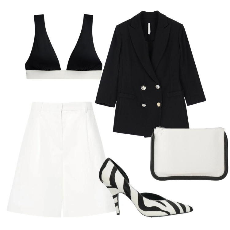 Outfit donna - Scarpa zebrata. Stile Casual chic per Serata fuori. Abbinamento con décolleté, borse a mano, blazer, top, shorts.