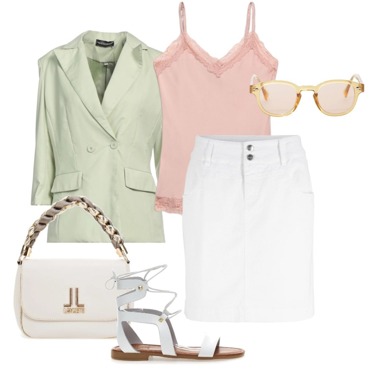 Outfit donna - Giacca e sandali. Stile Casual chic per Tutti i giorni. Abbinamento con minigonne, blazer, occhiali da sole, sandali, borse a tracolla, top.