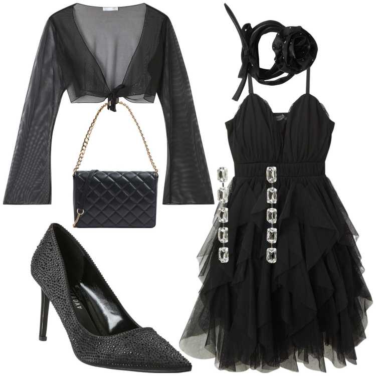 Outfit donna - Night party in Total black. Stile Glamour per Cerimonia. Abbinamento con vestiti corti, collane, bolero, orecchini, décolleté, borse a tracolla.