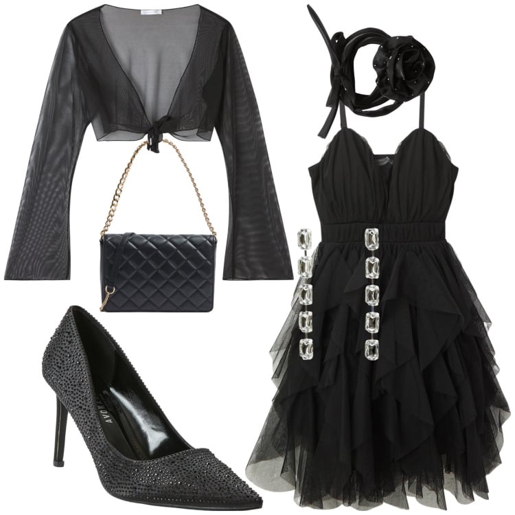 Outfit donna - Night party in Total black. Stile Glamour per Cerimonia. Abbinamento con orecchini, décolleté, collane, vestiti corti, bolero, borse a tracolla.
