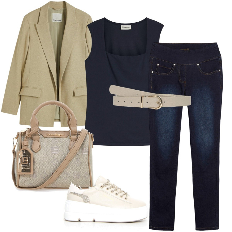 Outfit donna - Il blazer a maggio. Stile Casual chic per Ufficio. Abbinamento con jeans slim fit, blazer, top, cinture, borse a tracolla, sneakers.