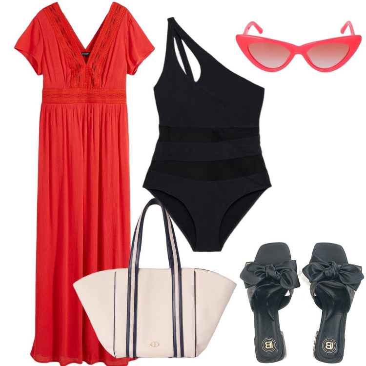 Outfit donna - Rosso al mare. Stile Boho per Mare. Abbinamento con vestiti lunghi, ciabatte, costumi interi, occhiali da sole, shopping bag.
