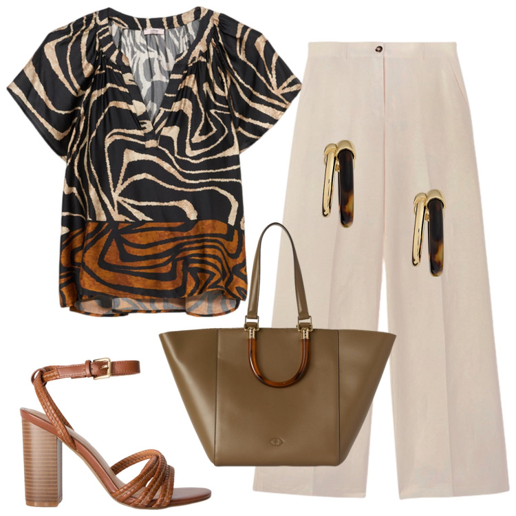 Outfit donna - Safari urbano. Stile Urban per Ufficio. Abbinamento con orecchini, bluse, shopping bag, sandali col tacco, pantaloni.