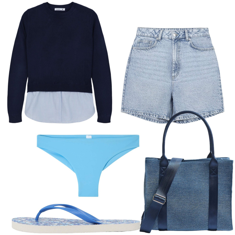 Outfit donna - Terranova blue beach. Stile Casual chic per Mare. Abbinamento con bikini, infradito, bermuda, maglieria, shopping bag.