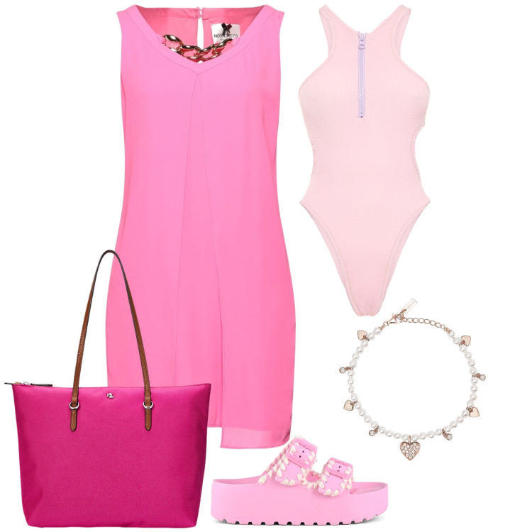 Outfit donna - I love a pink beach. Stile Bon Ton per Mare. Abbinamento con vestiti corti, braccialetti, borse tote, ciabatte, costumi interi.