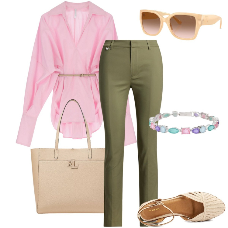 Outfit donna - Giornata di maggio. Stile Bon Ton per Ufficio. Abbinamento con braccialetti, camicie, occhiali da sole, pantaloni, borse tote, sandali.