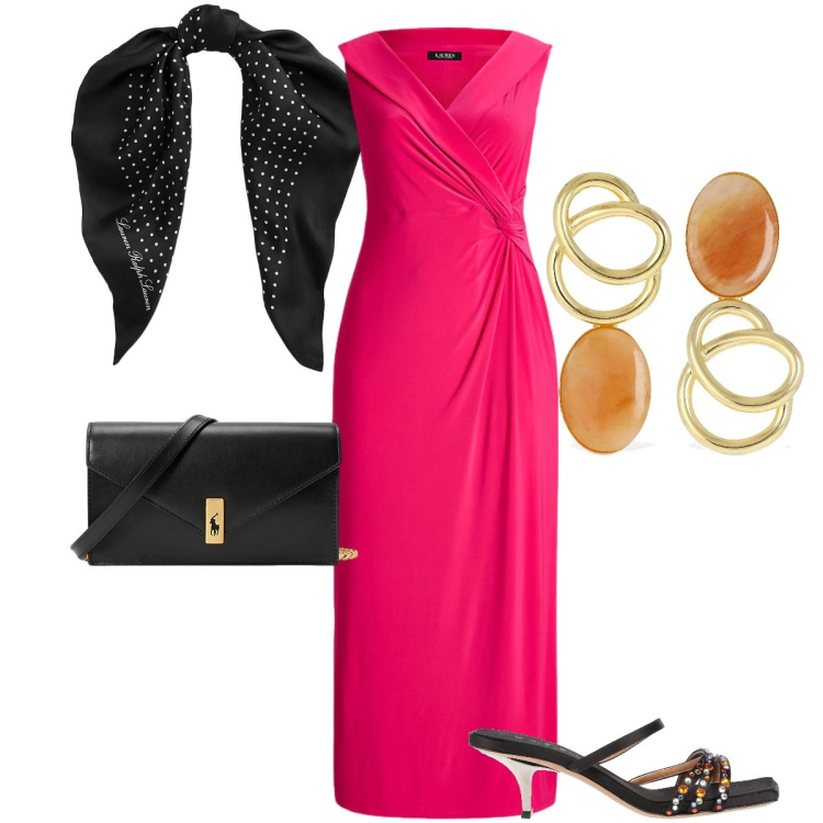 Outfit donna - Cerimonia serale. Stile Chic per Cerimonia. Abbinamento con sandali col tacco, foulard, clutch, vestiti lunghi, orecchini.