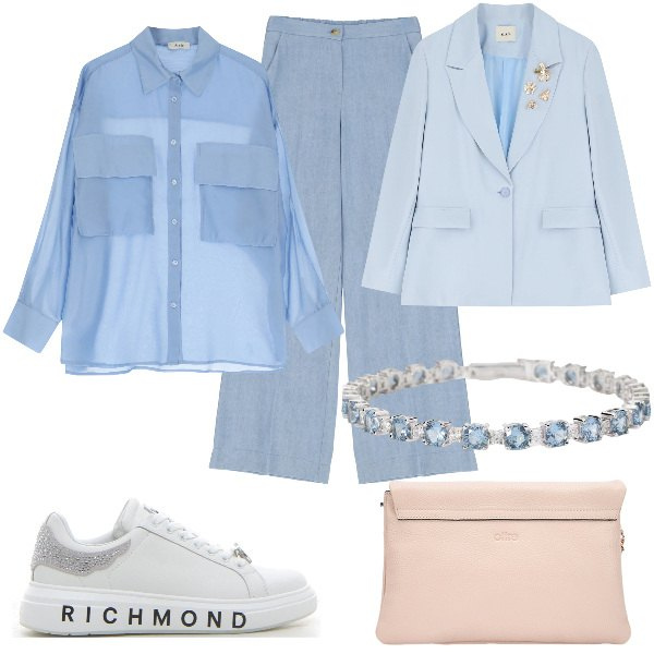 Outfit donna - Total look #2129792. Stile Sporty chic per Ufficio. Abbinamento con braccialetti, blazer, camicie, jeans, sneakers, borse a tracolla.