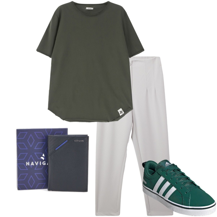 Outfit uomo - Le Adidas verde prato. Stile Urban per Tutti i giorni. Abbinamento con pantaloni chino, t-shirt, portafogli, sneakers.