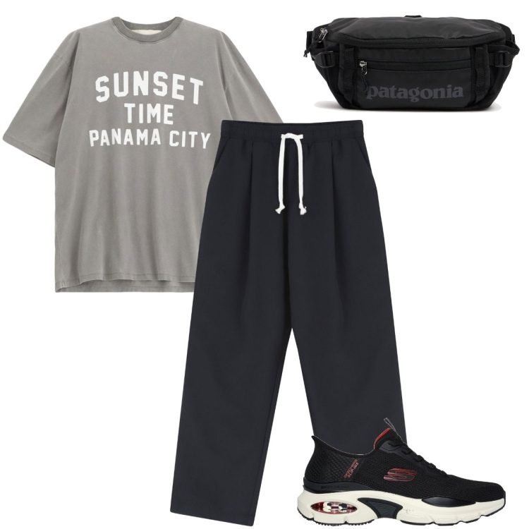 Outfit uomo - I pantaloni con coulisse. Stile Urban per Tutti i giorni. Abbinamento con pantaloni, t-shirt, sneakers, borse sportive.