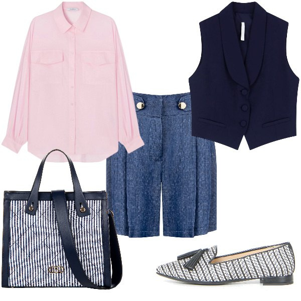 Outfit donna - Total look #2129806. Stile Mannish per Ufficio. Abbinamento con shopping bag, bermuda, gilet, camicie, mocassini.