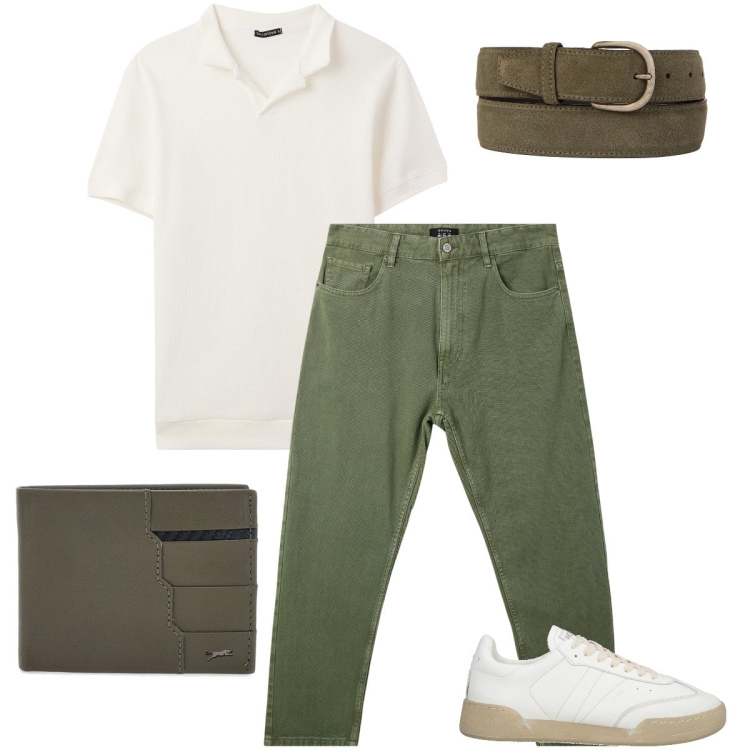 Outfit uomo - Verde e bianco. Stile Urban per Ufficio. Abbinamento con sneakers, pantaloni, polo, portafogli, cinture.