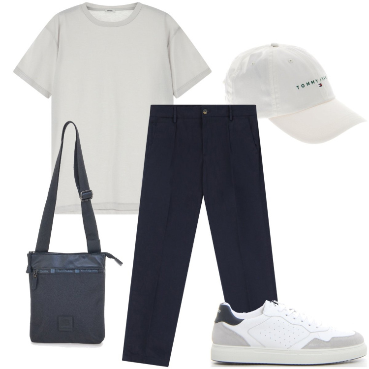 Outfit uomo - Il cappellino per il sole. Stile Casual per Ufficio. Abbinamento con t-shirt, pantaloni chino, portafogli, cappelli, sneakers.