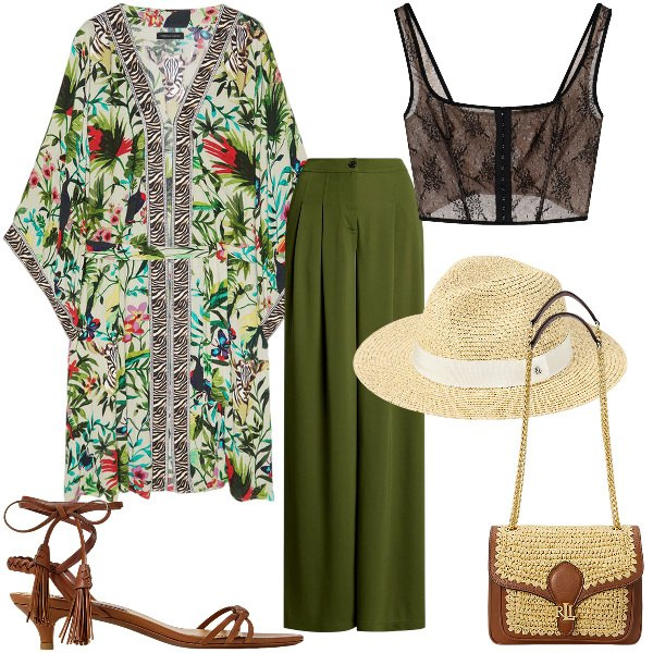Outfit donna - Total look #2129817. Stile Boho per Tutti i giorni. Abbinamento con top, sandali col tacco, borse a spalla, cappelli, pantaloni, caftani.